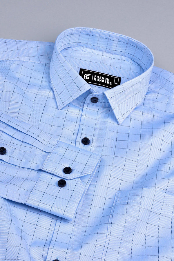 Sky blue with dark blue arglye check shirt