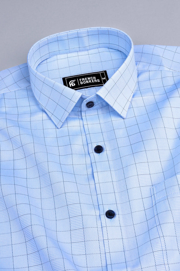 Sky blue with dark blue arglye check shirt