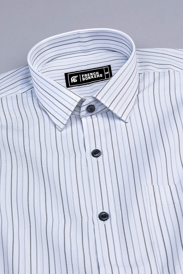 White with grey and black line stripe shirt