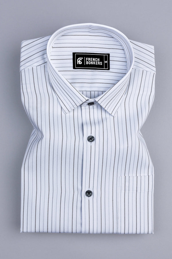 White with grey and black line stripe shirt