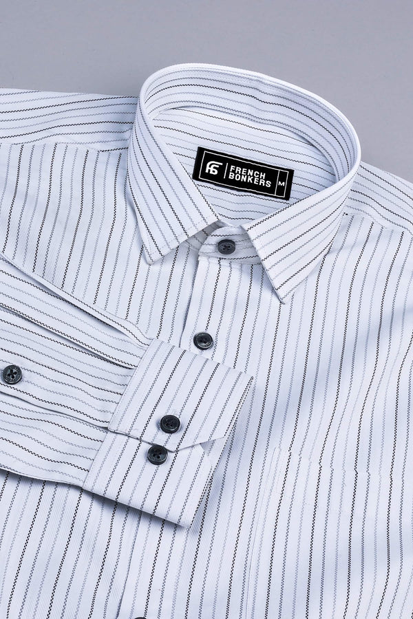 White with grey and black line stripe shirt