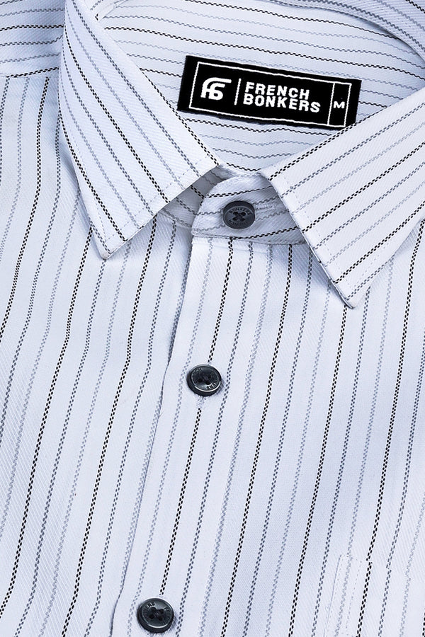 White with grey and black line stripe shirt