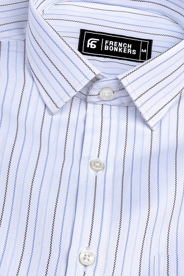 White with dark and royal blue line stripe shirt