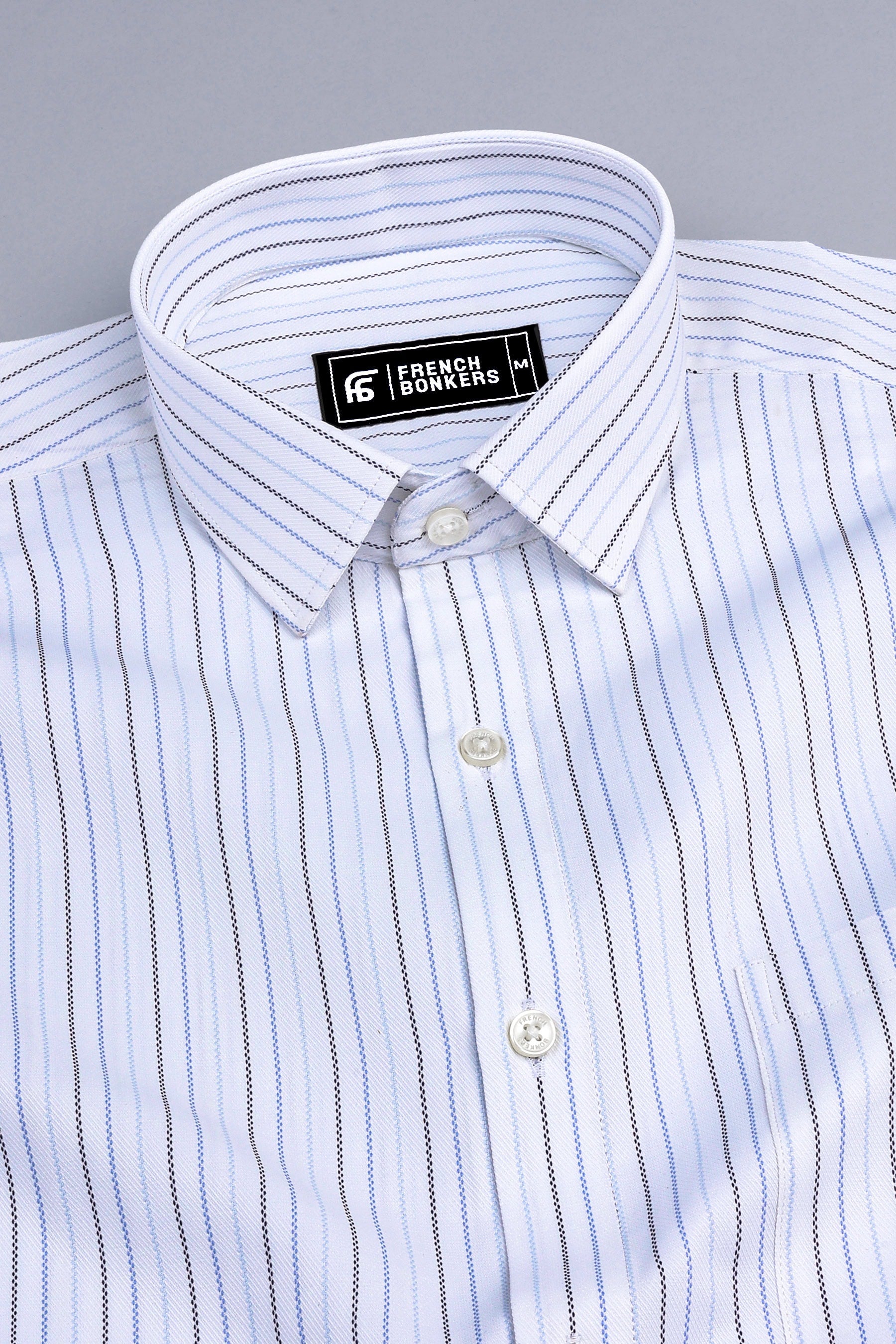 White with dark and royal blue line stripe shirt