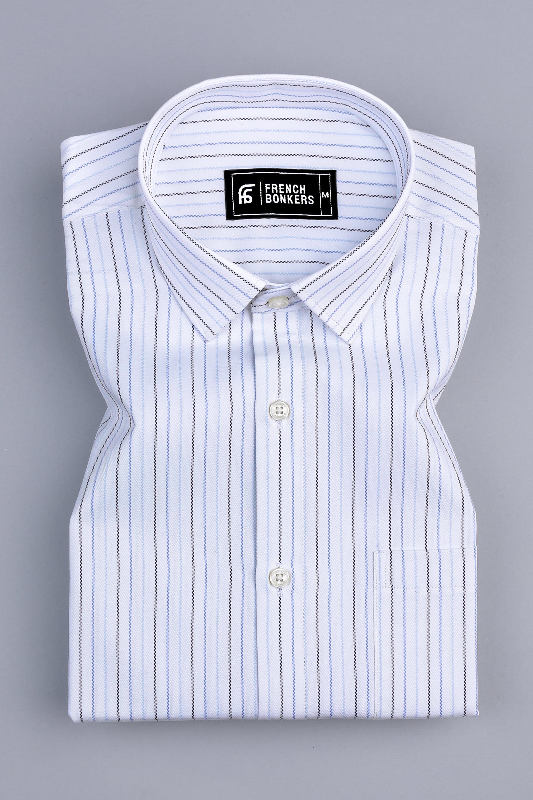 White with dark and royal blue line stripe shirt