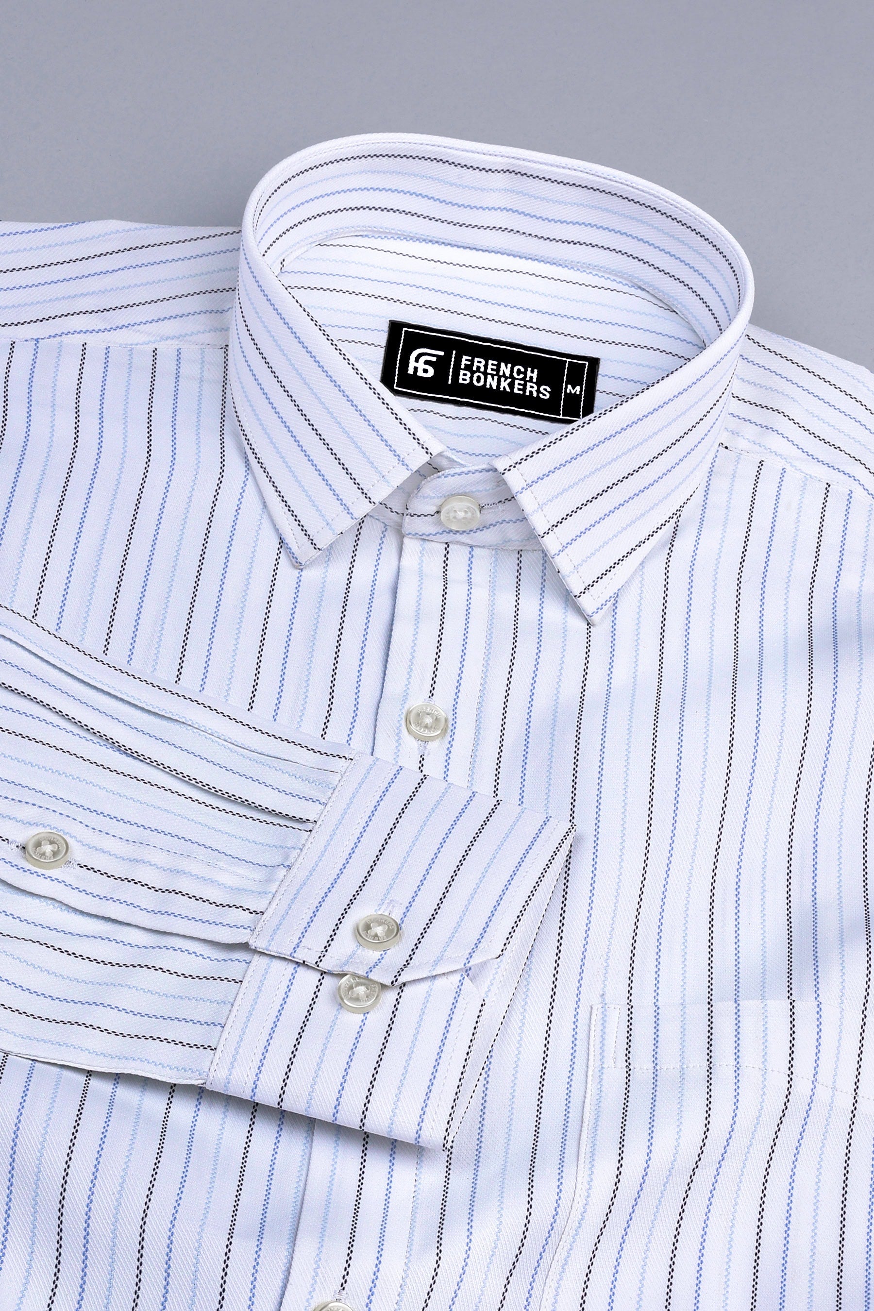 White with dark and royal blue line stripe shirt