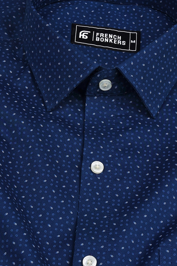 Blue with white oval shape printed cotton shirt