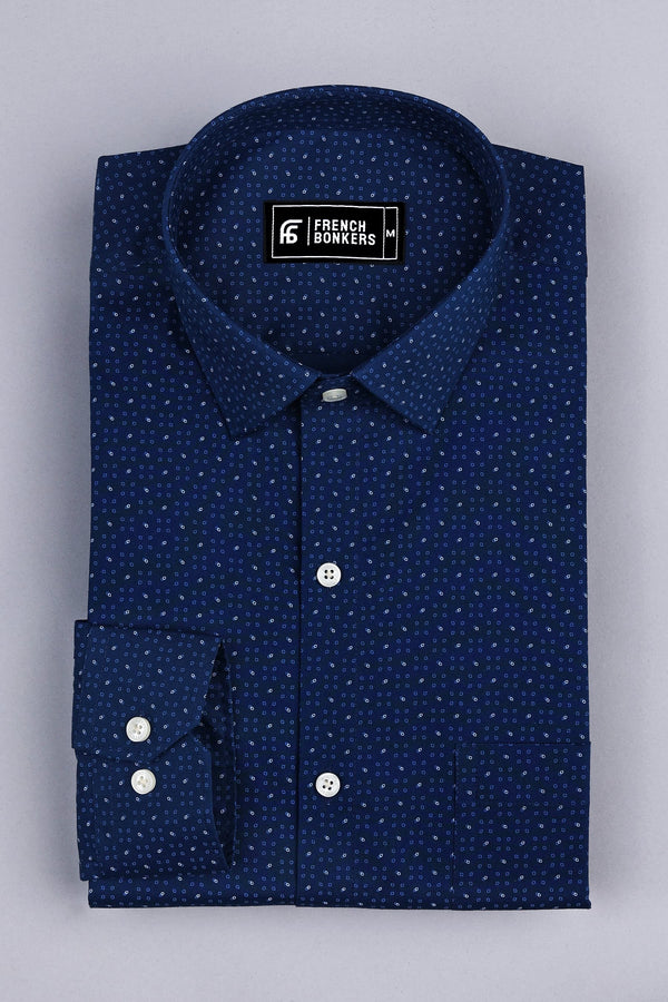 Blue with white oval shape printed cotton shirt