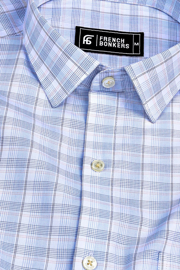 White with blue and musterd yellow dot line check shirt