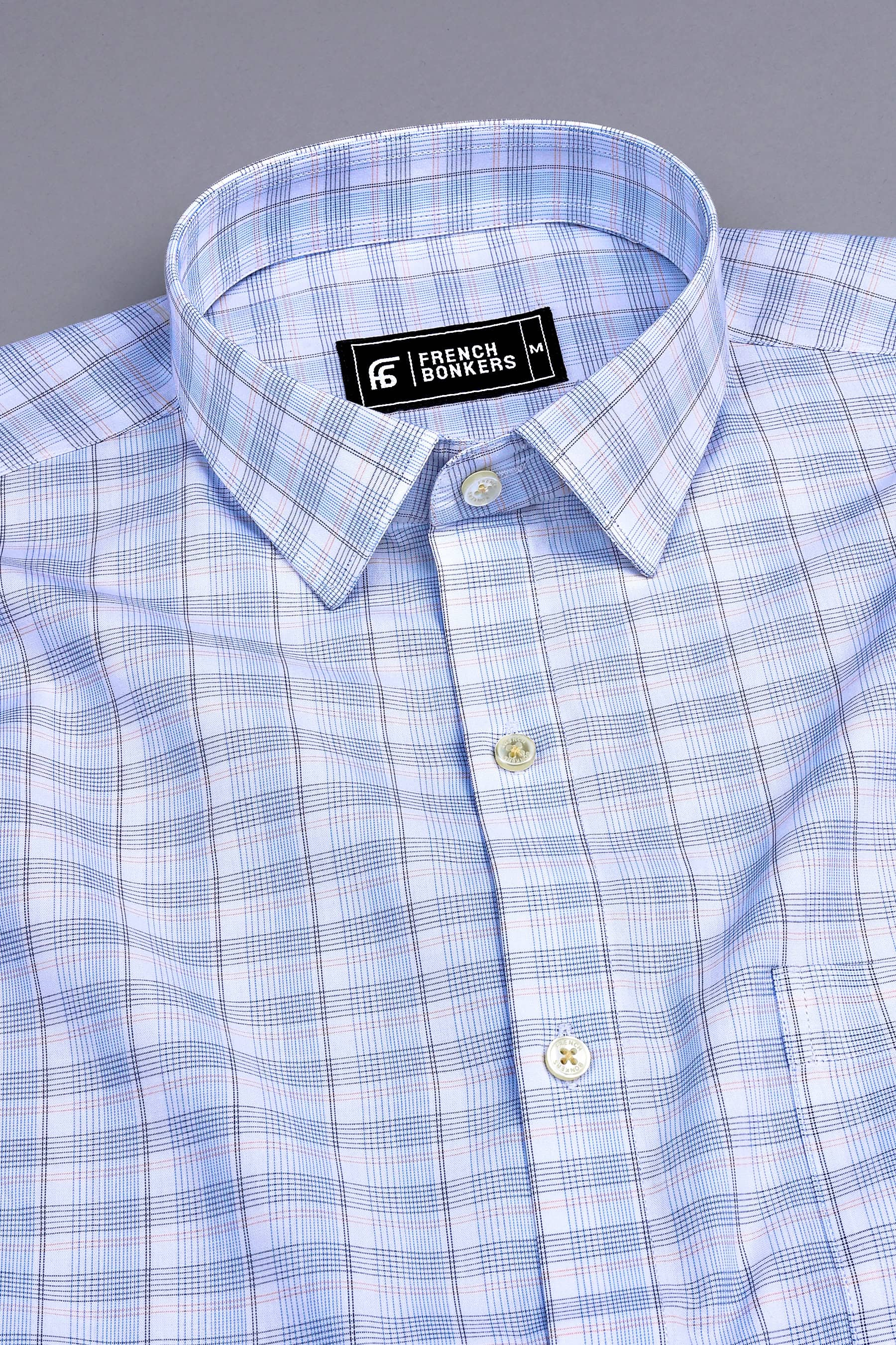 White with blue and musterd yellow dot line check shirt