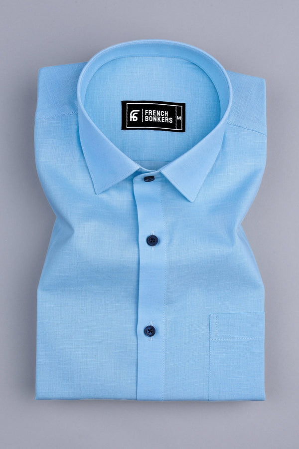 Shiny light sky blue cotton linen shirt