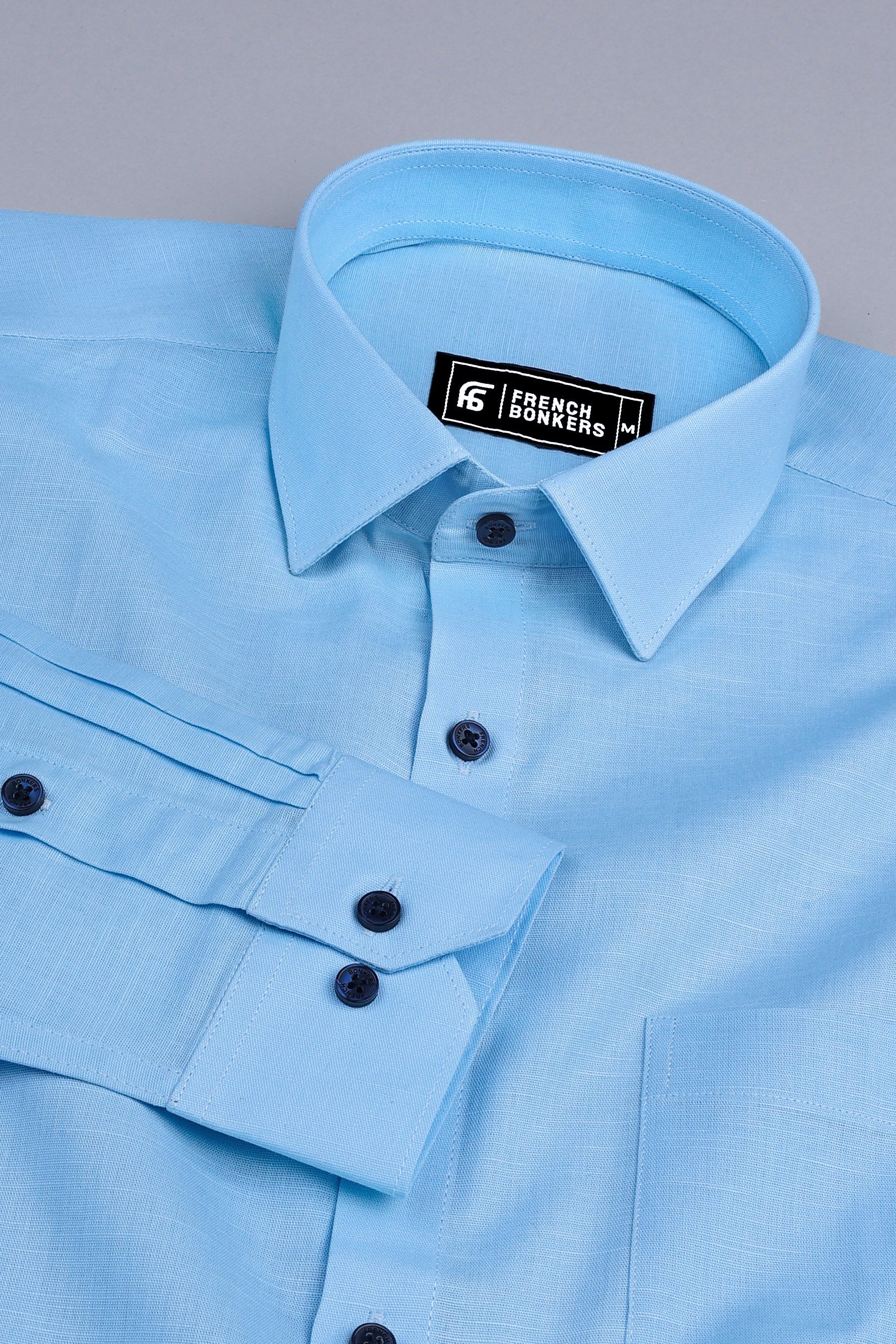 Shiny light sky blue cotton linen shirt