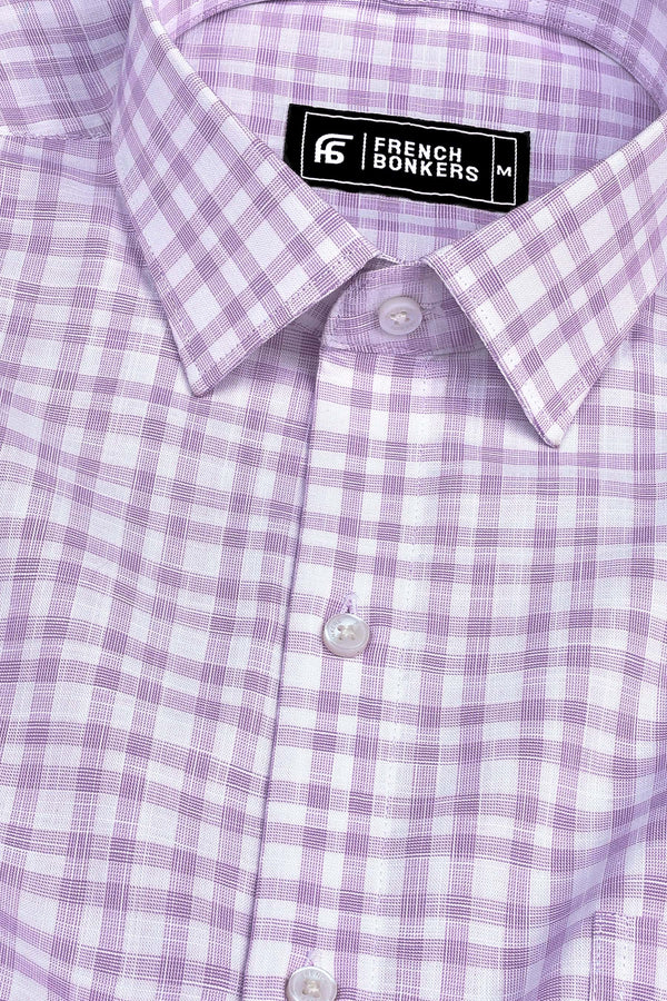 White with purple lines box check cotton shirt