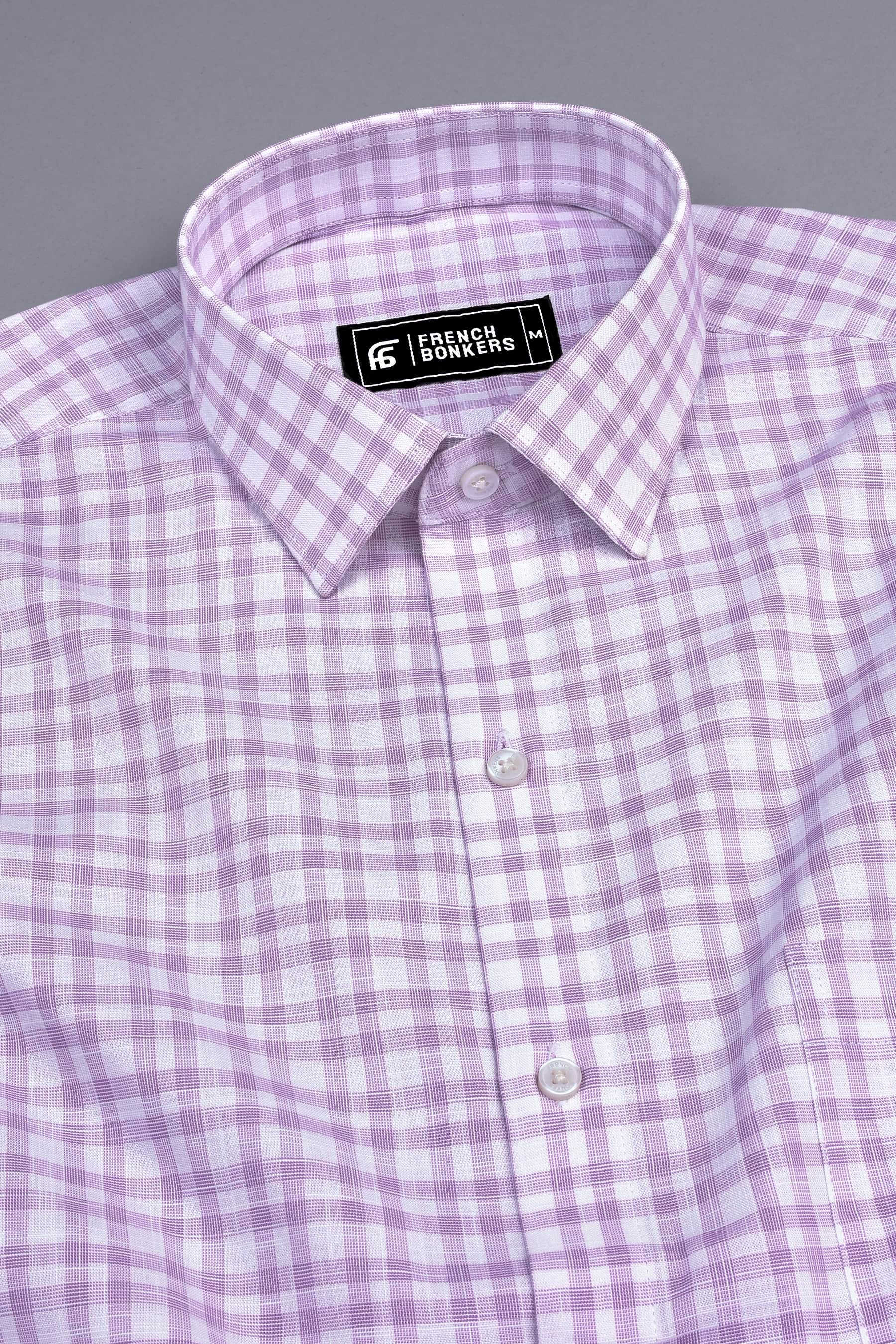 White with purple lines box check cotton shirt