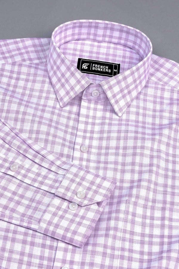 White with purple lines box check cotton shirt