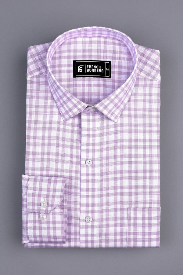 White with purple lines box check cotton shirt