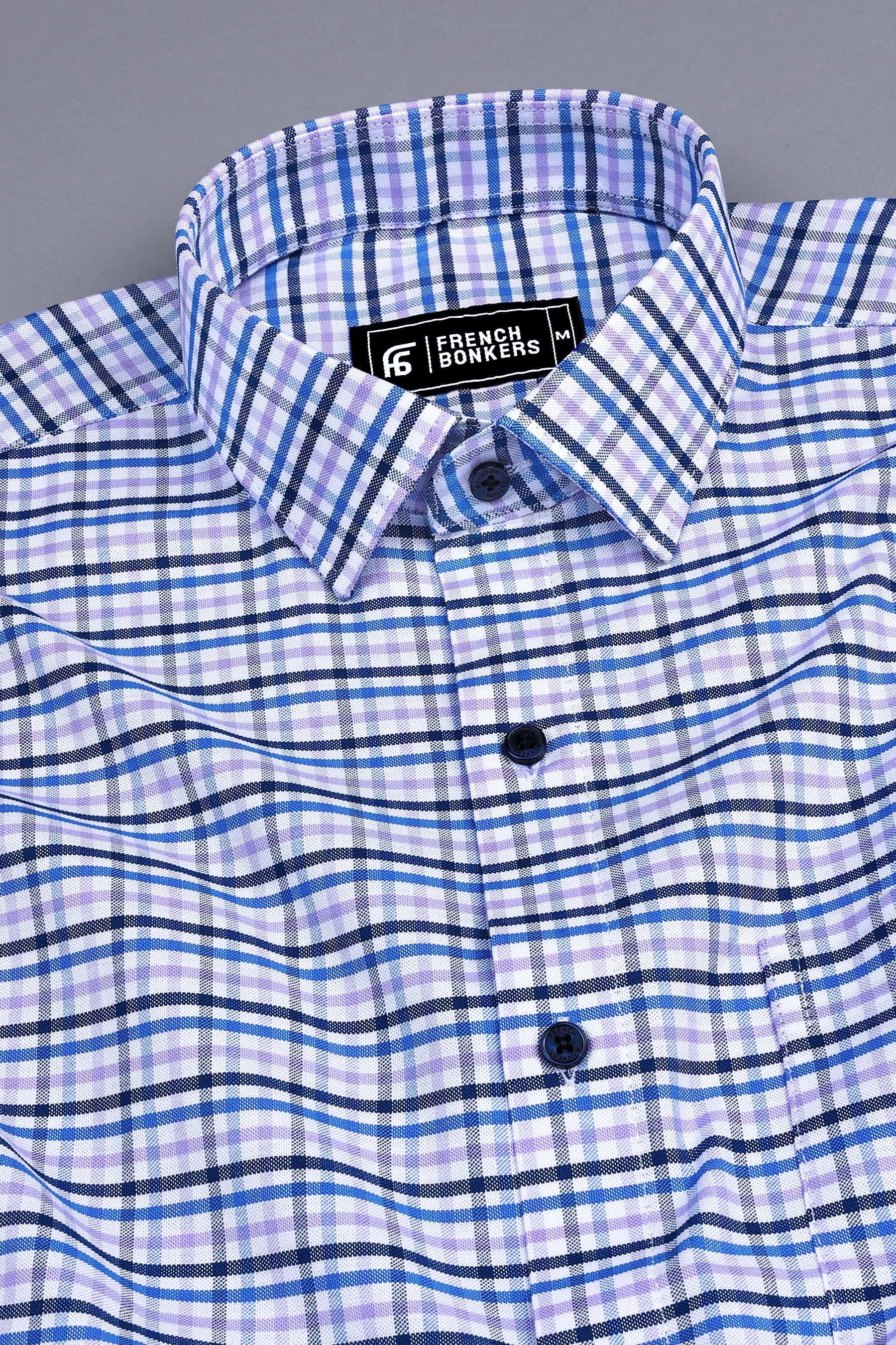 White with blue and purple line check cotton shirt