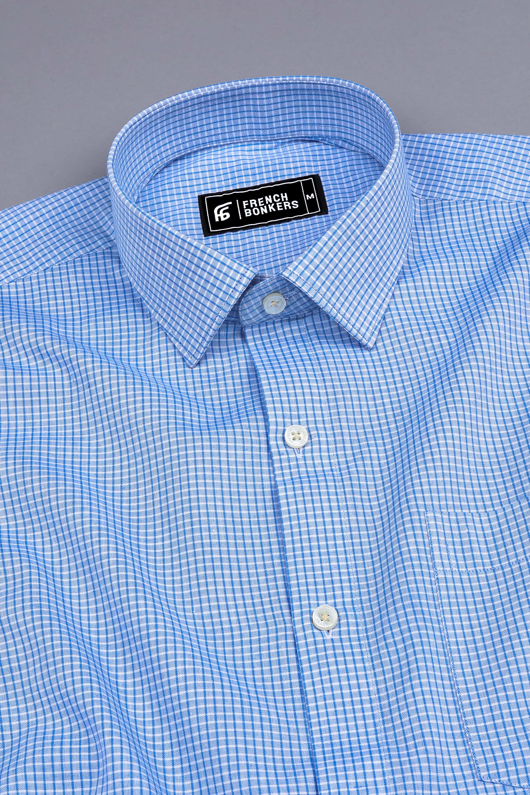 Sky blue with white and blue line check cotton shirt