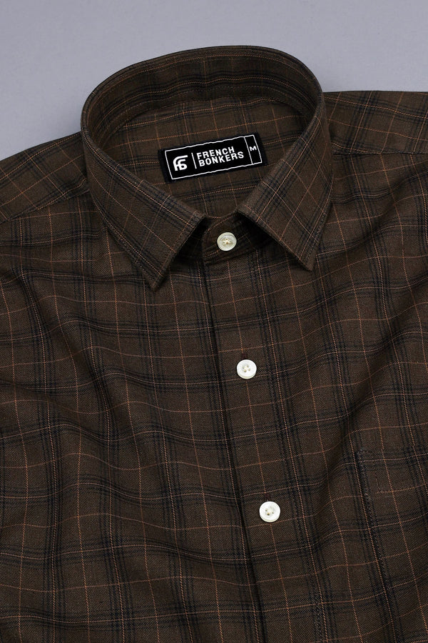 Dark brown with light brown line box check cotton shirt