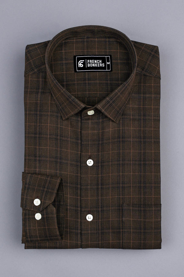 Dark brown with light brown line box check cotton shirt