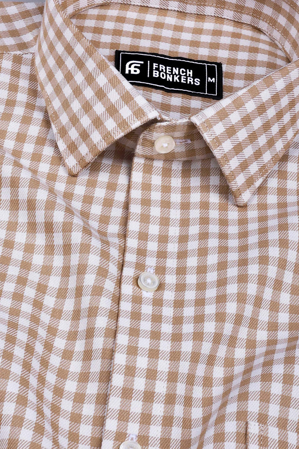 White with brown twill regular plaid check cotton shirt