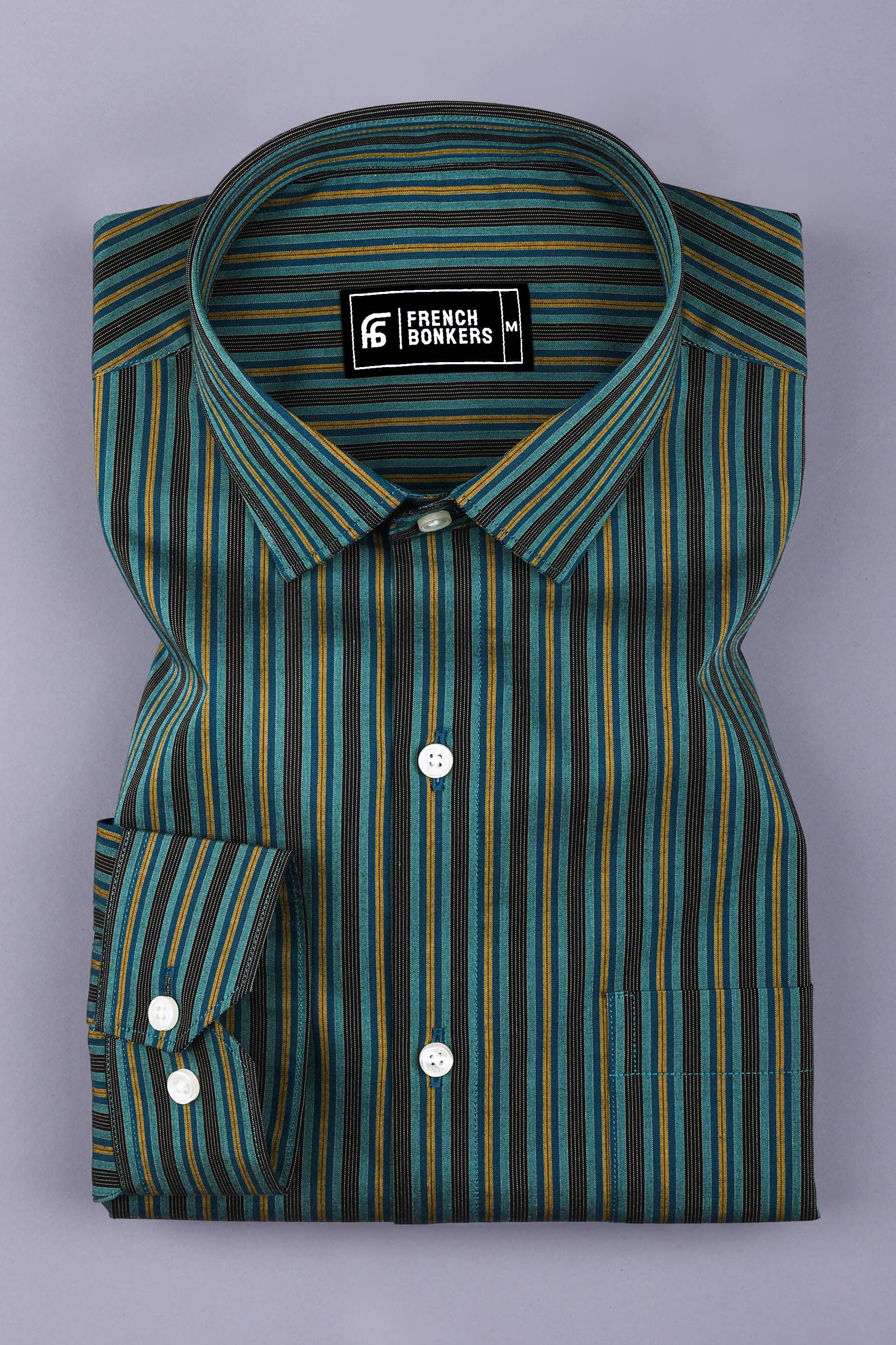 Toxic green with black and blue stripe cotton shirt