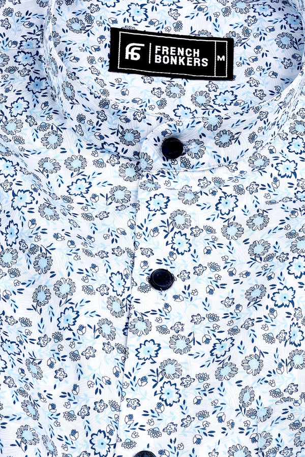 White with blue floral design printed cotton shirt