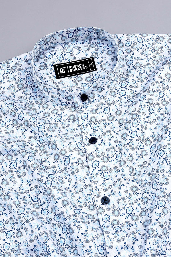 White with blue floral design printed cotton shirt