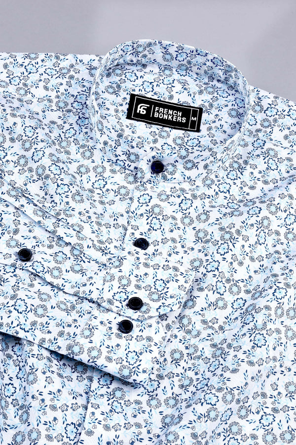 White with blue floral design printed cotton shirt