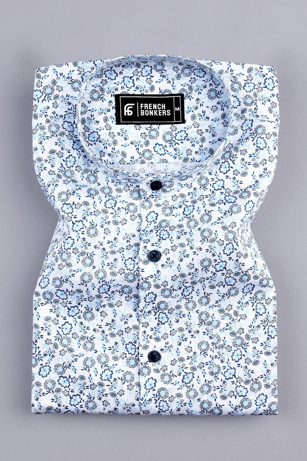 White with blue floral design printed cotton shirt