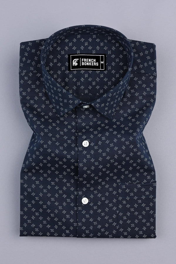 Navy blue with white print jacquared cotton shirt