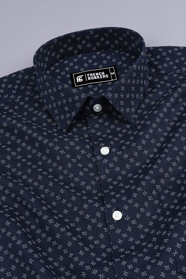 Navy blue with white print jacquared cotton shirt