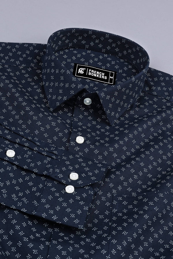 Navy blue with white print jacquared cotton shirt