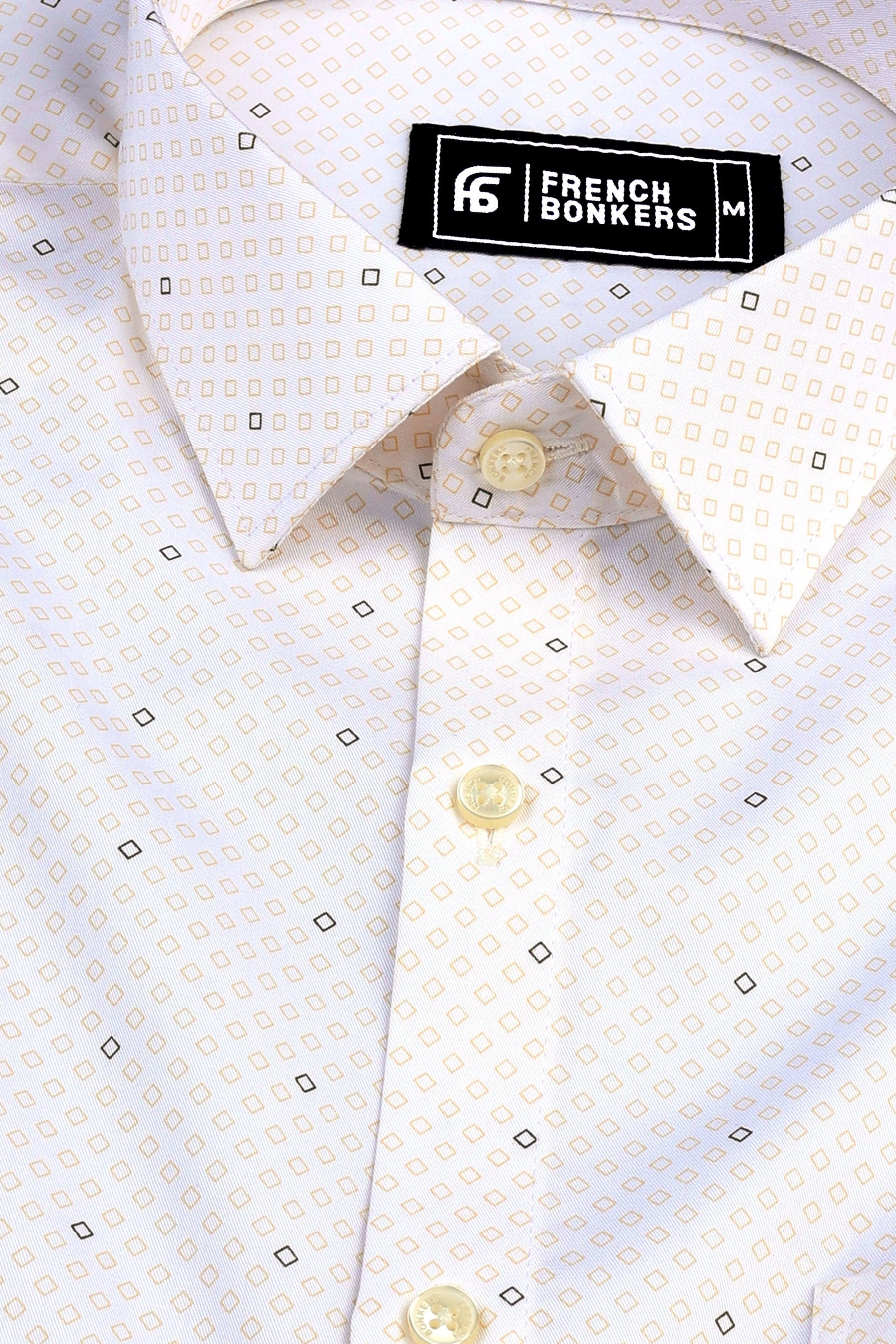 White with yellow rhombus printed cotton shirt