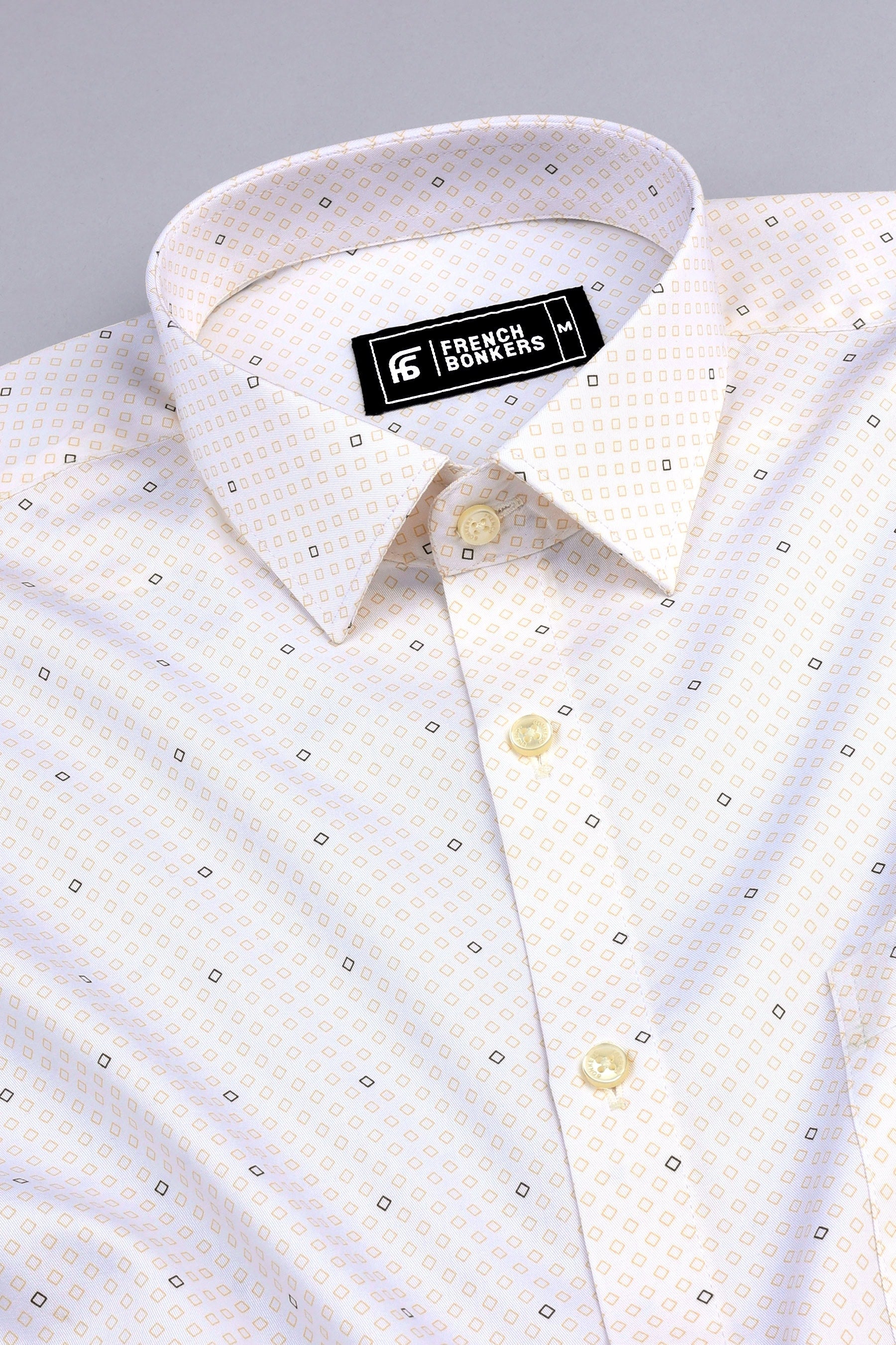 White with yellow rhombus printed cotton shirt