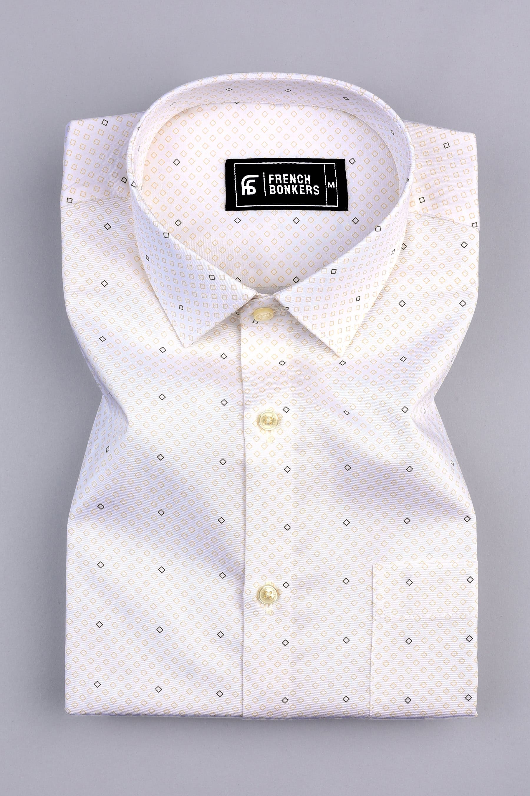 White with yellow rhombus printed cotton shirt