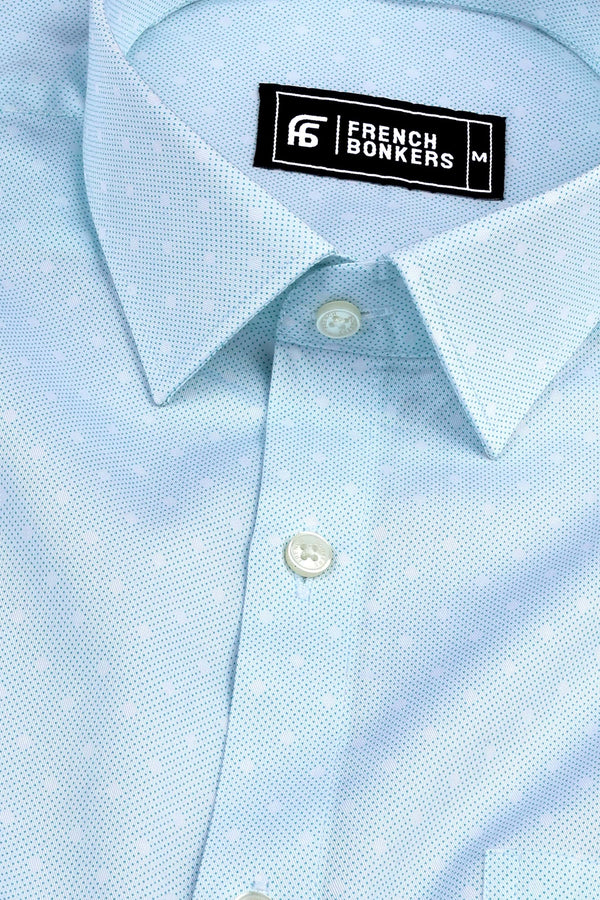 White with Turquoise Dots printed cotton shirt