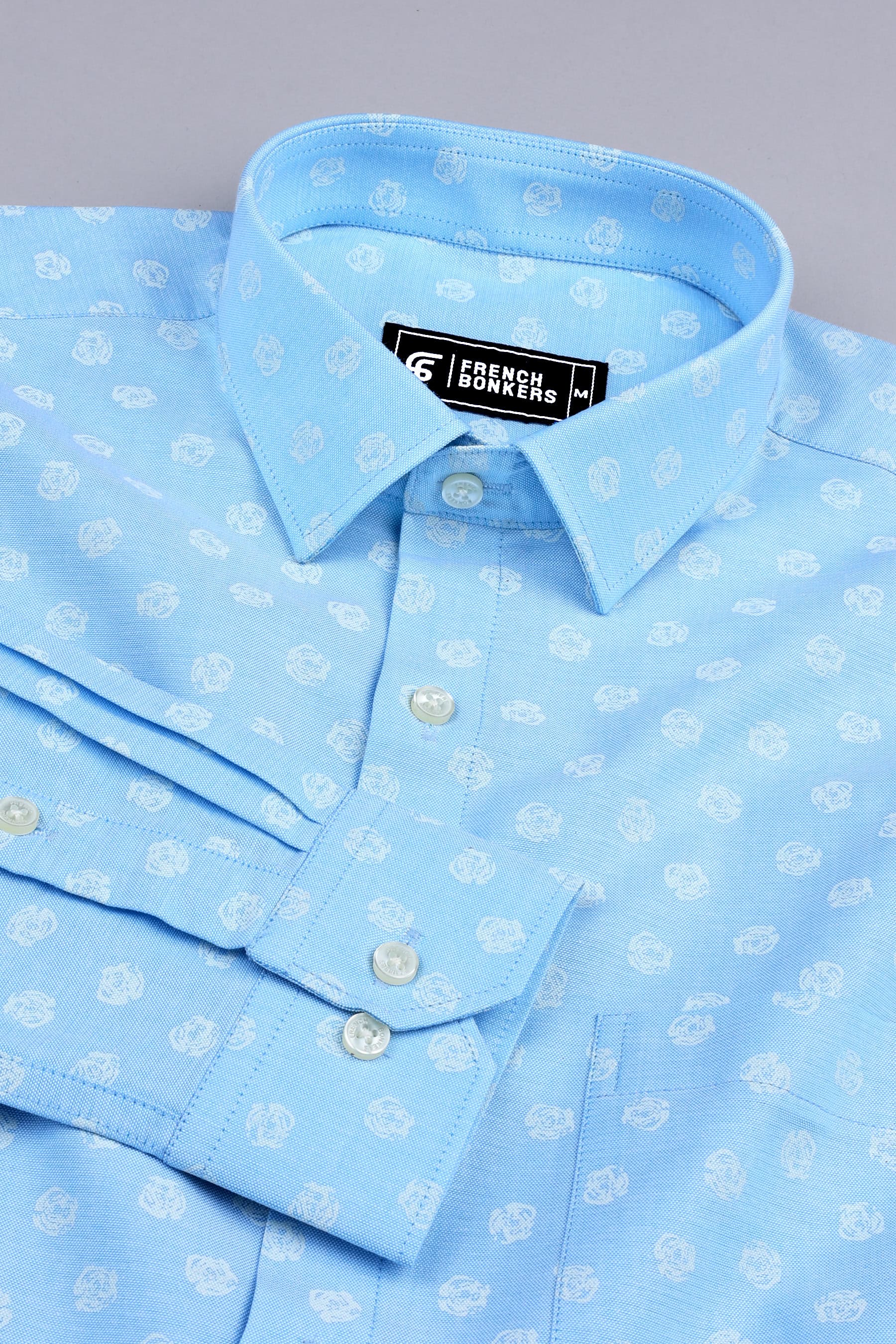 Sky blue oxford floral printed cotton shirt