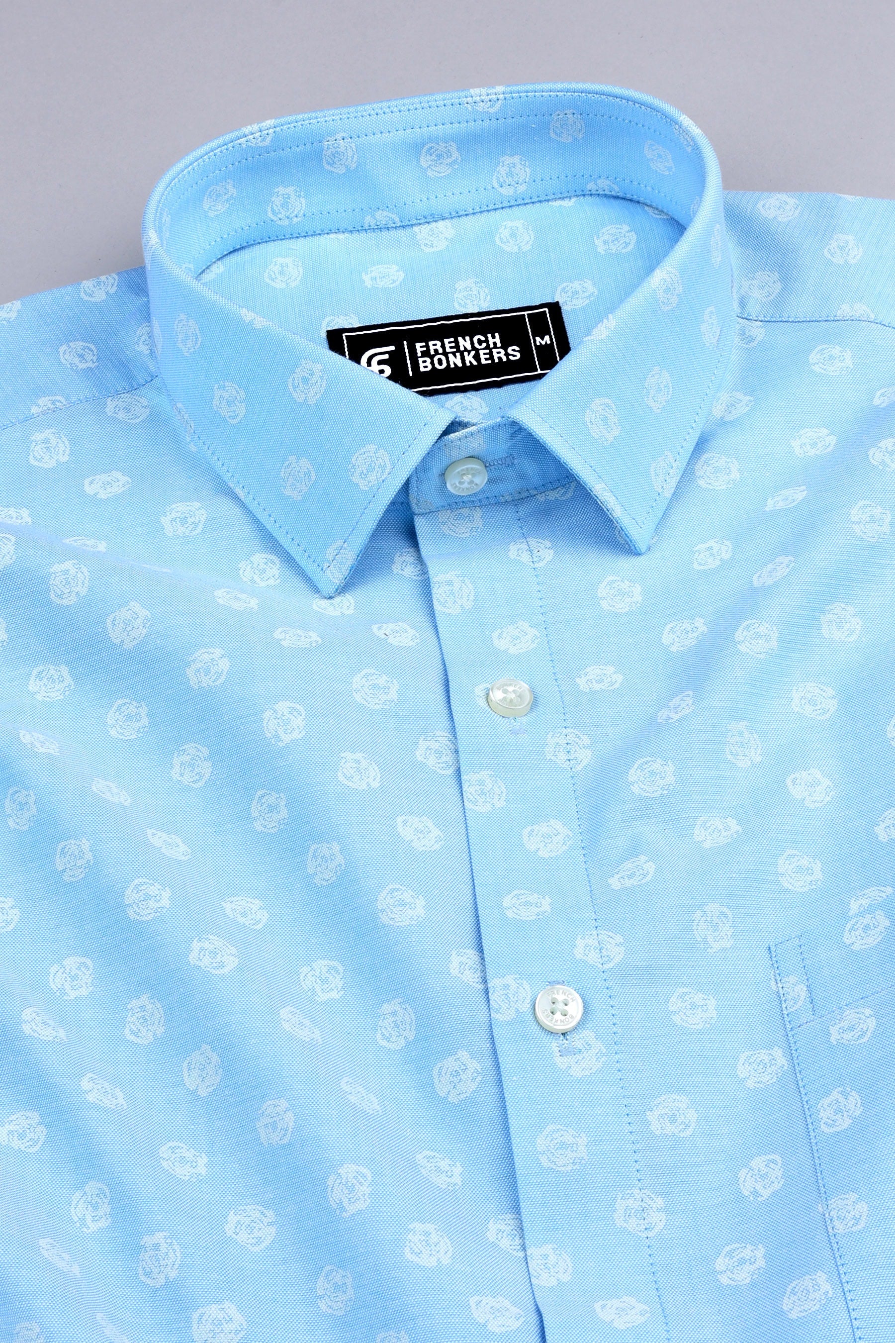 Sky blue oxford floral printed cotton shirt