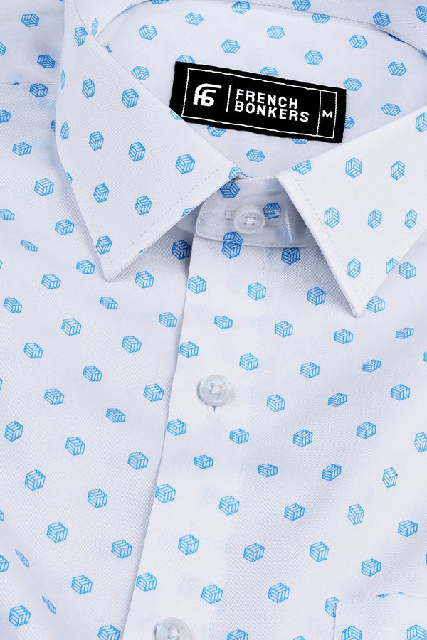 White with blue cubes printed cotton shirt