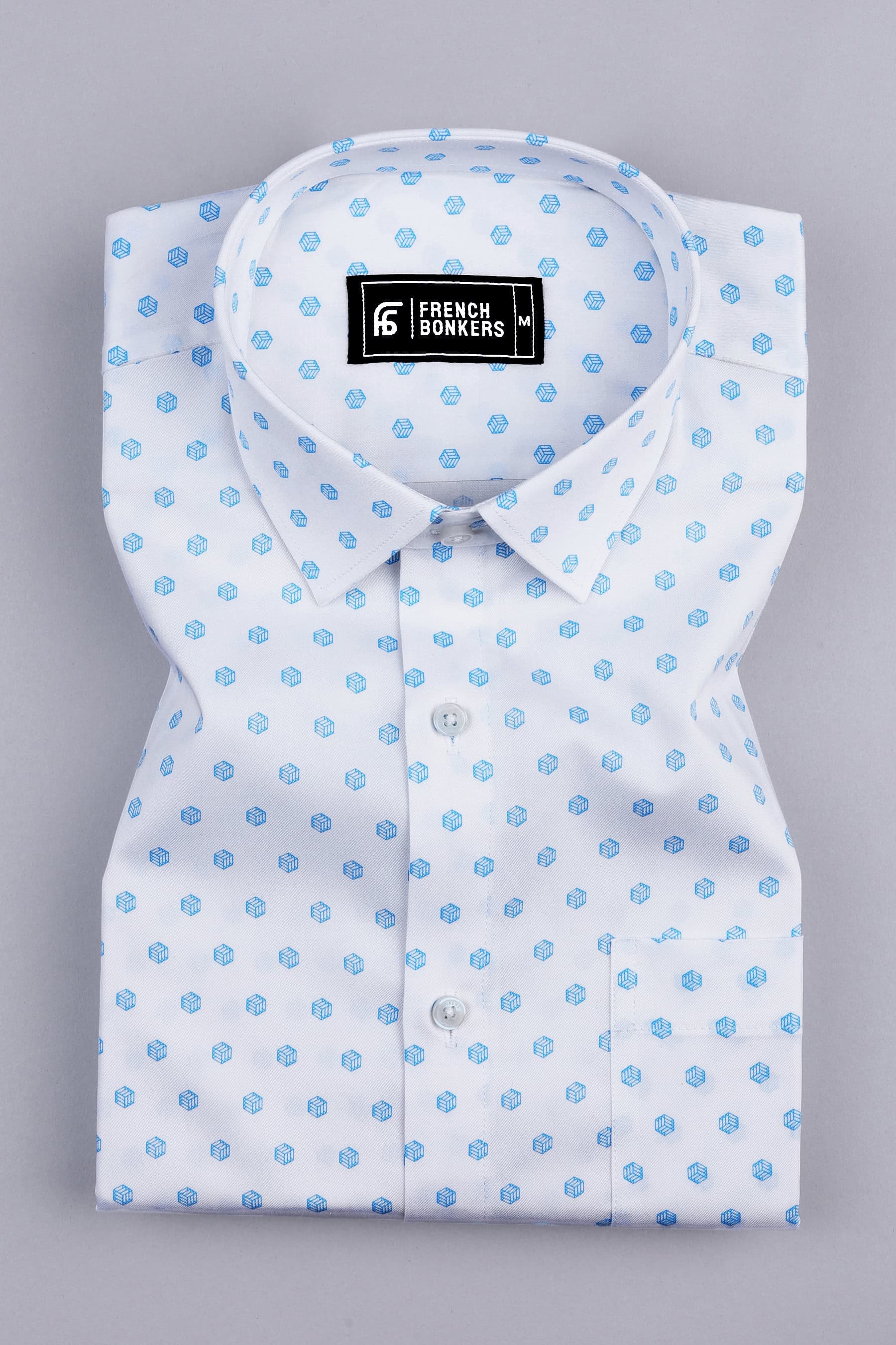 White with blue cubes printed cotton shirt