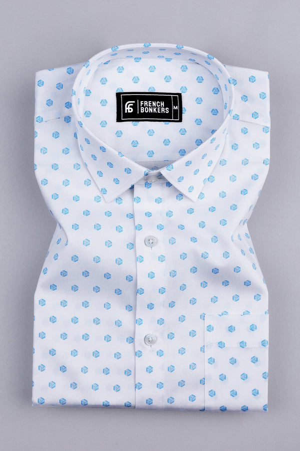 White with blue cubes printed cotton shirt