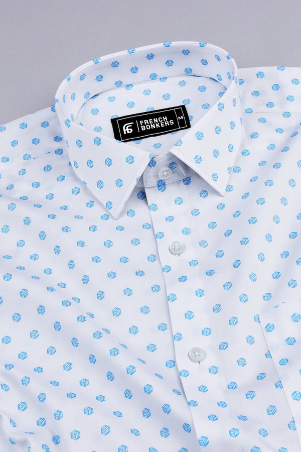 White with blue cubes printed cotton shirt