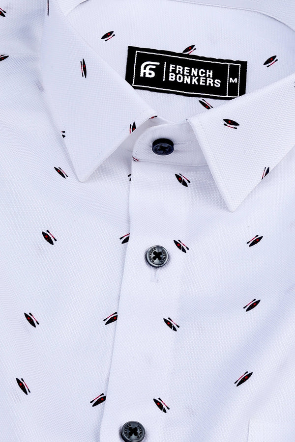 White dobby texture printed cotton shirt