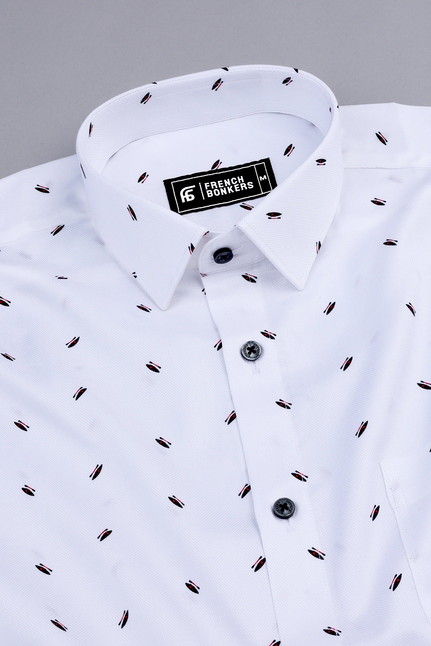 White dobby texture printed cotton shirt