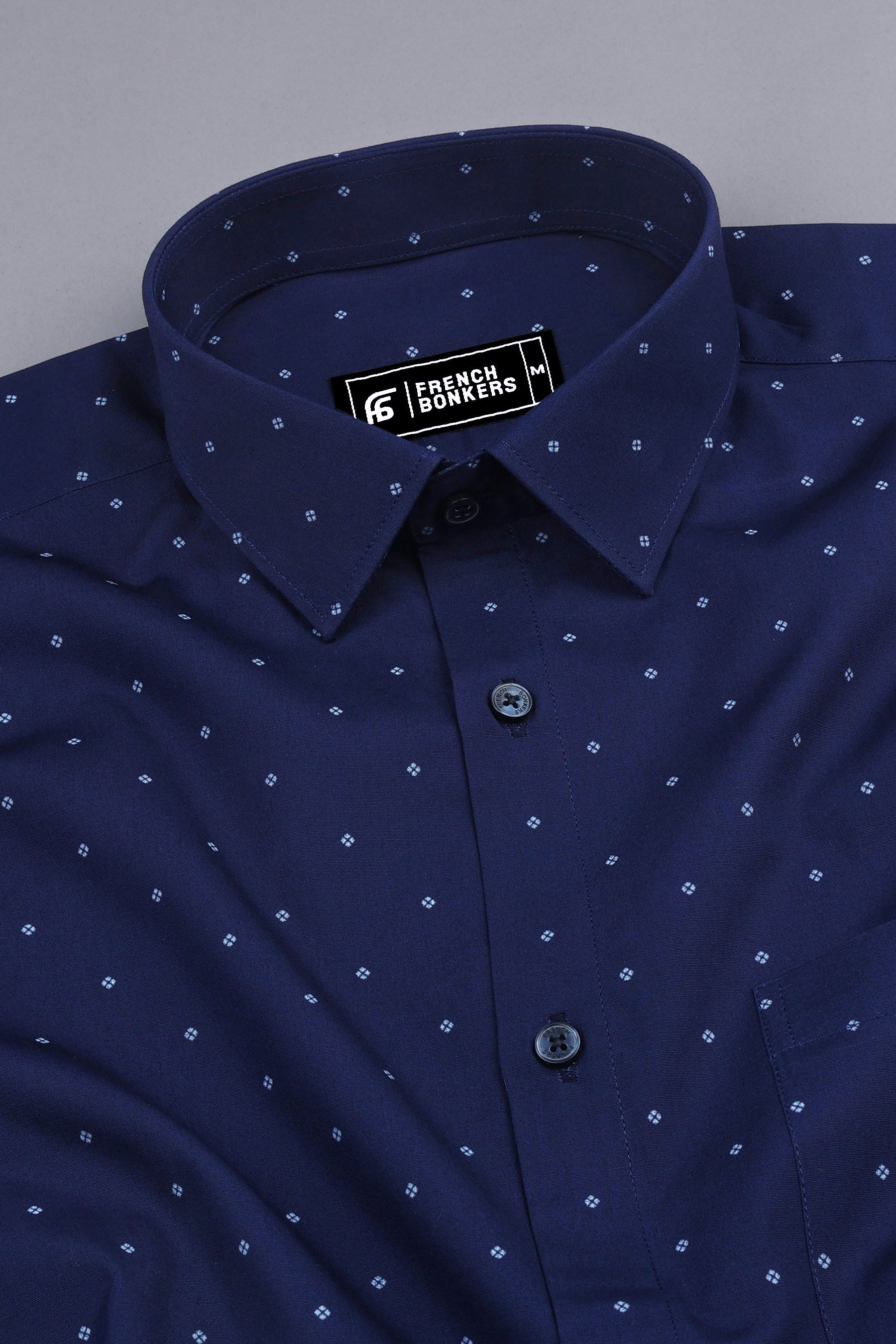 Dark blue with white printed cotton shirt