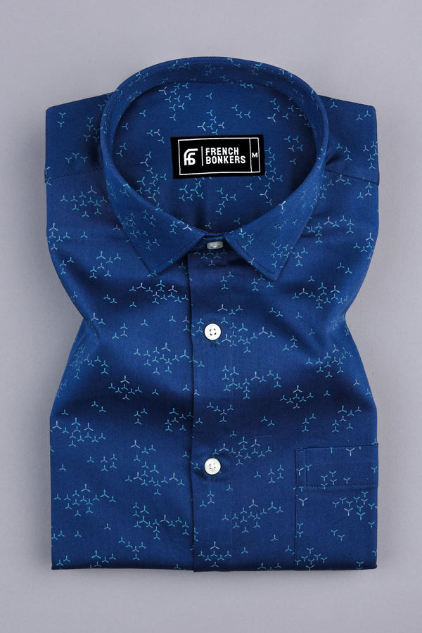 Royal blue windmill printed cotton shirt