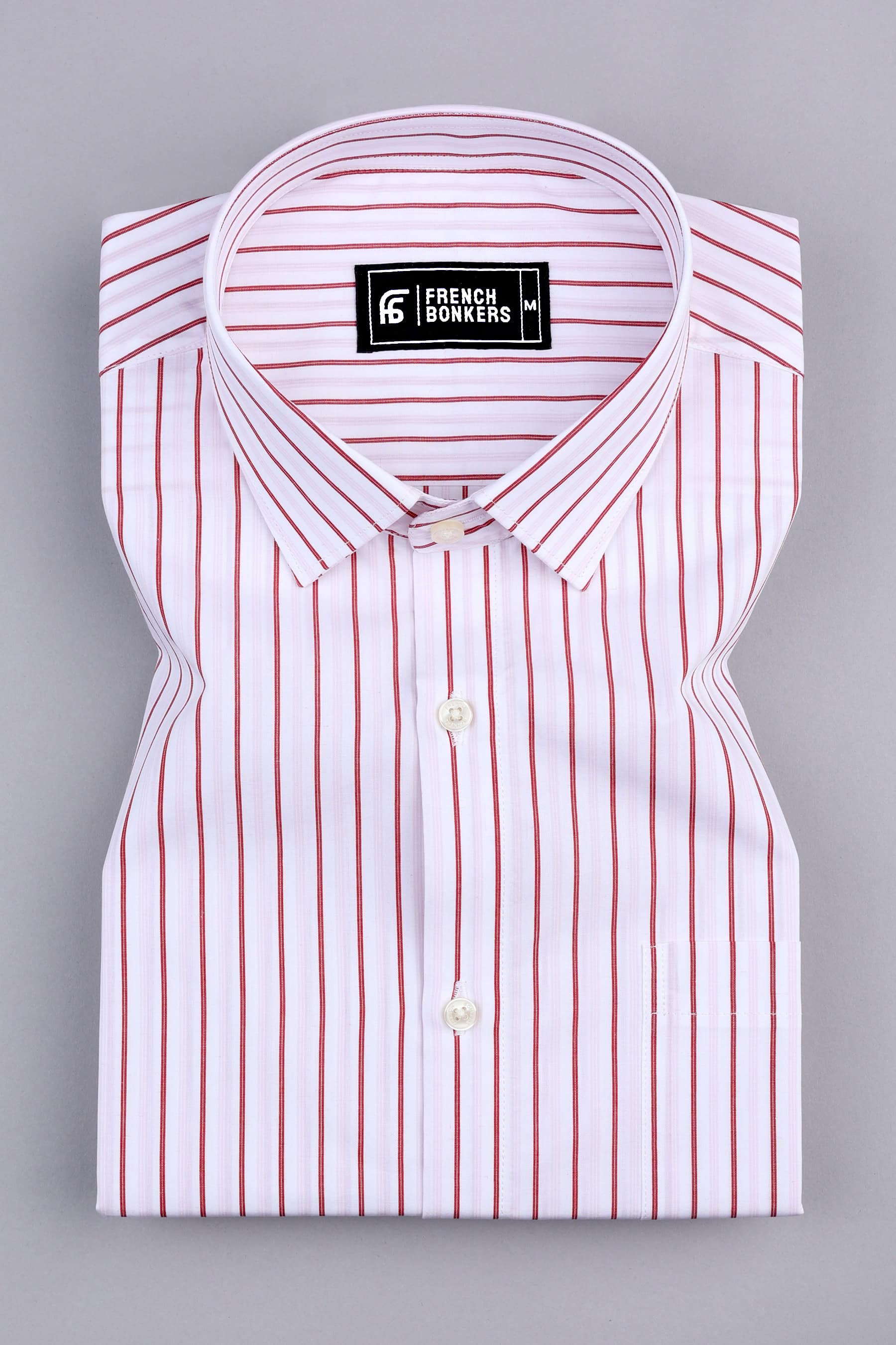 White with red awning stripe cotton shirt