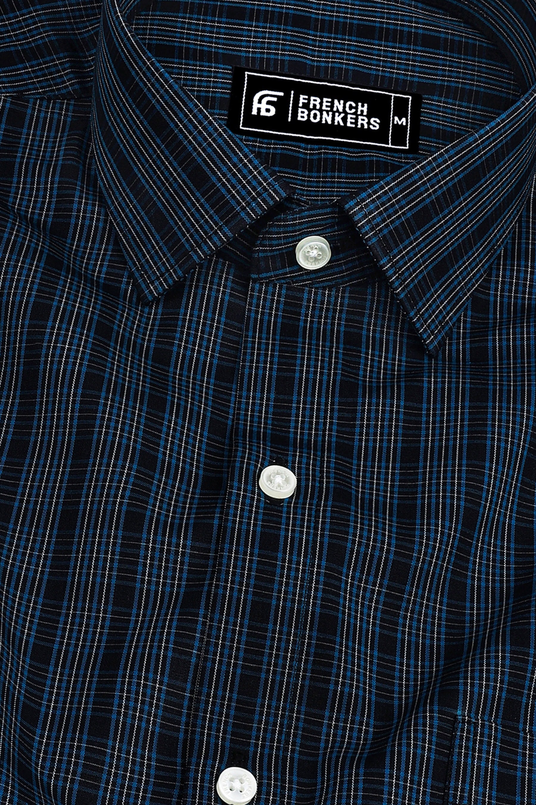 Black with cream and blue line check shirt