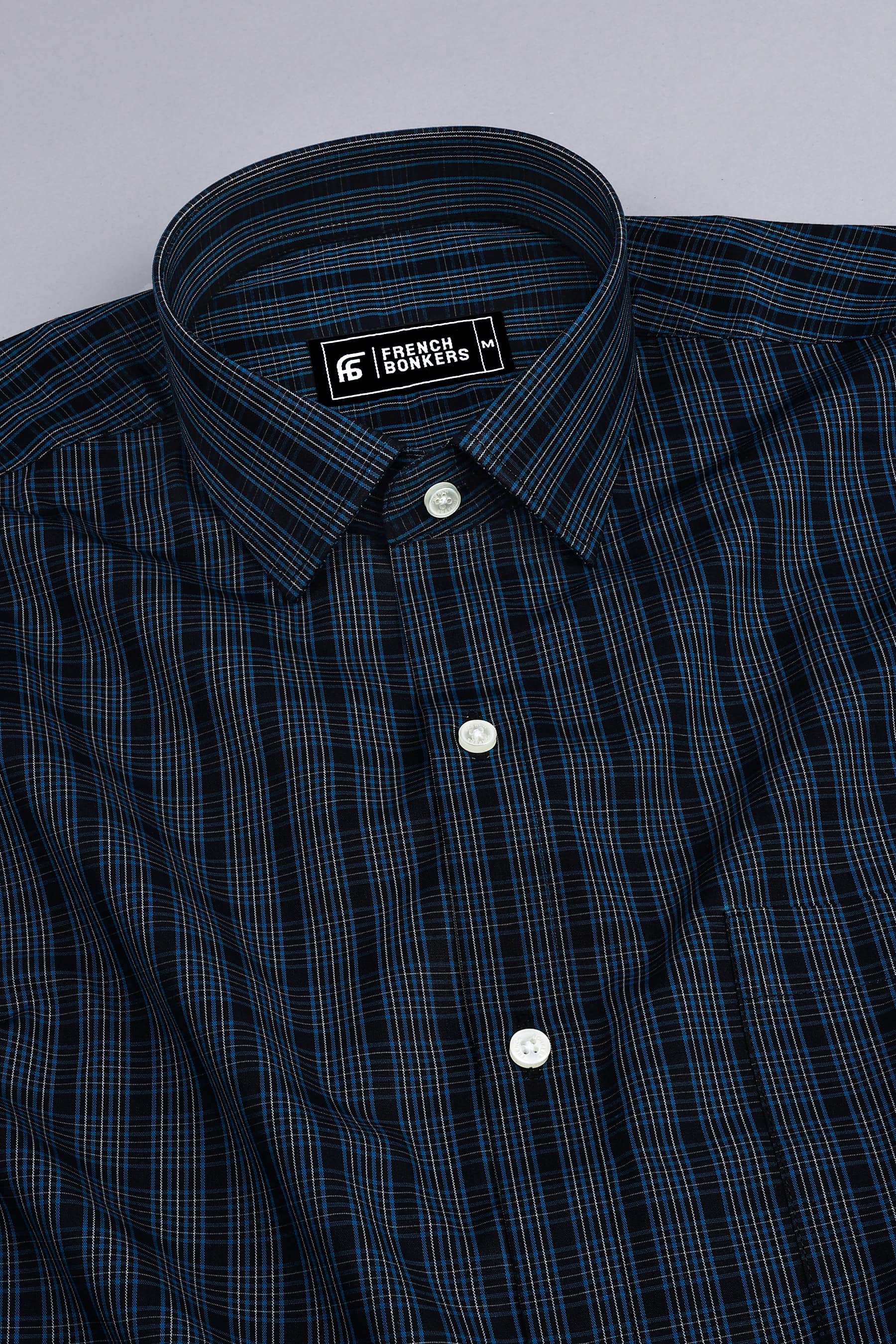 Black with cream and blue line check shirt